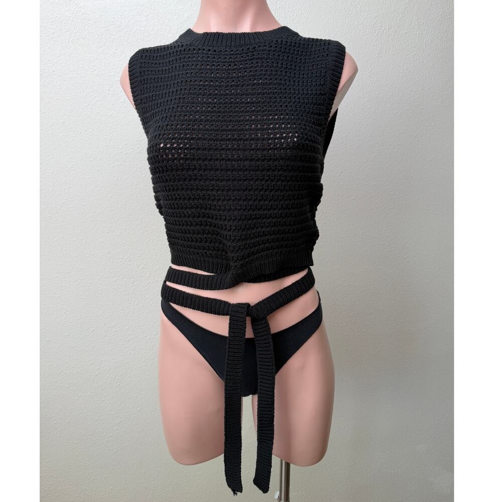Et Clet Black Crochet Open Knit Wrap Tie Crop Sweater Vest L